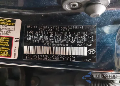 2019 Toyota Camry Le из США, поврежденный, VIN 4T1B11HK8KU709218